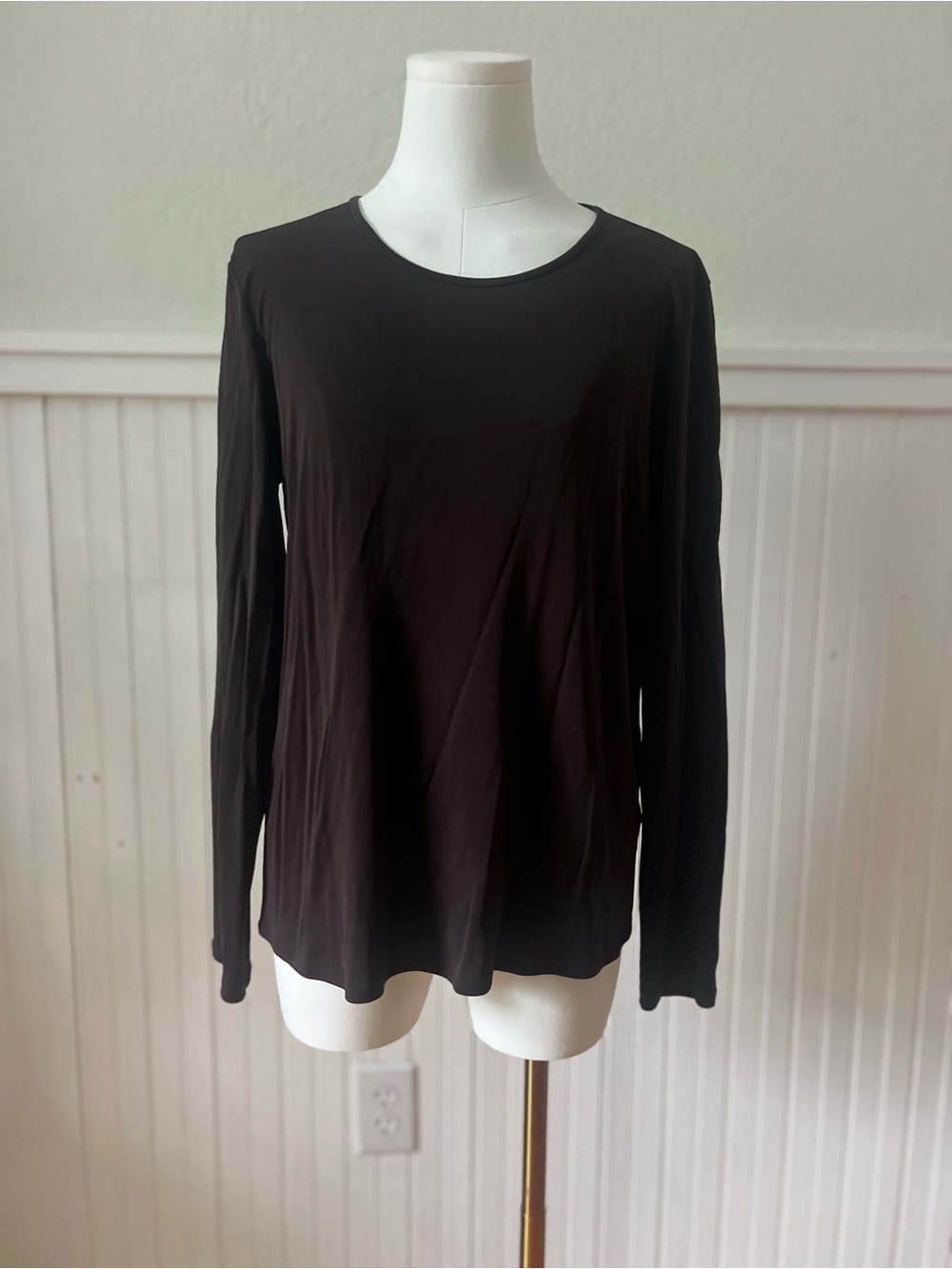 Eileen Fisher 100% Silk Jersey Long Sleeve Crew Neck Top Brown Women's M Luxury